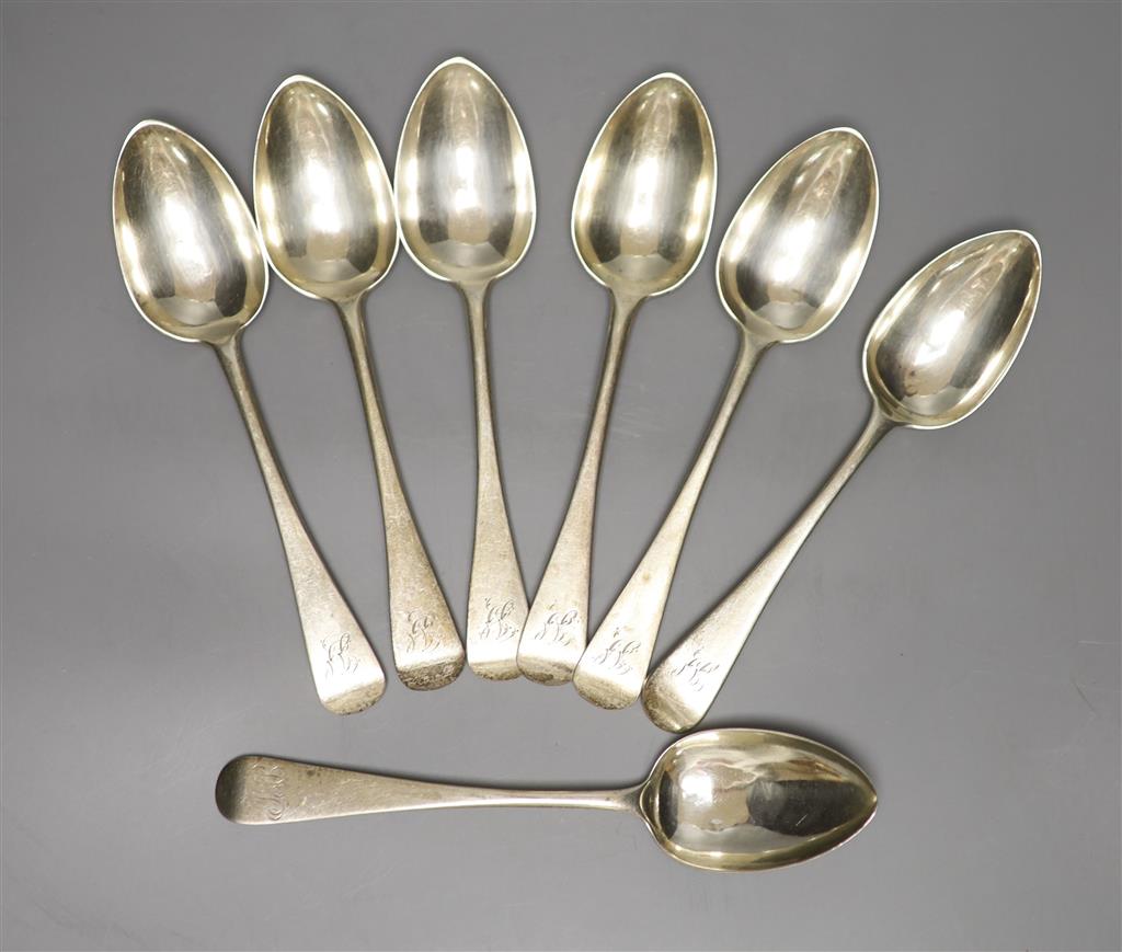 A harlequin set of seven Victorian silver Old English pattern dessert spoons, various dates and makers, 9oz.